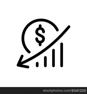 Monoline vector diagram with arrow and sign dollar logo icon. Graph trending downwards, Arrow pointing down on graph illustration. symbol unsuccessful business finance investment.. Monoline vector diagram with arrow and sign dollar logo icon. Graph trending downwards, Arrow pointing down on graph illustration. symbol unsuccessful business finance investment