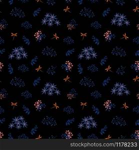 Monotone seamless pattern,blue flowers with dragonfly on dark background,design for fashion,fabric,textile,print or wallpaper,vector illustration