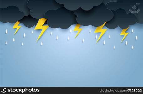 Monsoon, Rainy Season background . cloud rain and thunderbolt hanging on blue sky. paper art style.vector.