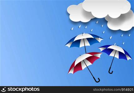 Monsoon, Rainy Season sale background . Cloud rain and umbrella on blue sky. vector.