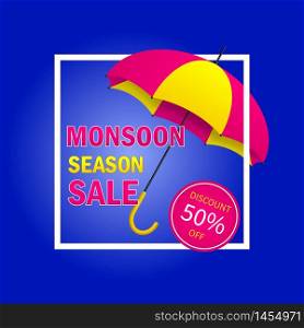Monsoon sale offer background with ribbon and umbrella. Monsoon season sale concept for poster, flyer, website. Umbrella with frame for season offer. vector eps10. Monsoon sale offer background with ribbon and umbrella. Monsoon season sale concept for poster, flyer, website. Umbrella with frame for season offer. vector illustration