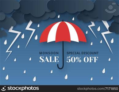 Monsoon sale. Paper cut origami style umbrella, rain and clouds. Thunderbolt, storm weather, best season offer advertising poster vector template of seasonal discount flyer. Monsoon sale. Paper cut origami style umbrella, rain and clouds. Thunderbolt, storm weather, best season offer advertising poster vector template