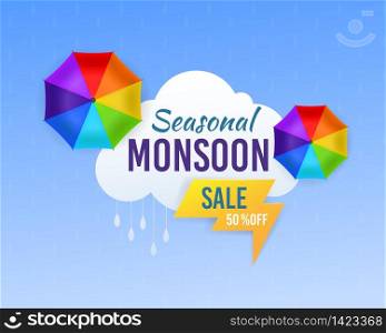 Monsoon sale. Season rainy and umbrella promotional design template for banner and label, web header with drops and shop advertise vector poster. Monsoon sale. Season rainy and umbrella promotional design template for banner and label, web header and shop advertise vector poster