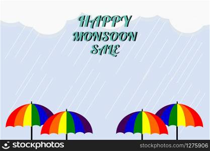 Monsoon sale. Vector illustration of colorful umbrella in rainy season. There are word &rsquo;Happy Monsoon Sale&rsquo;, use for web banner, poster or flyer. Picture with copy space for marketing and advertising