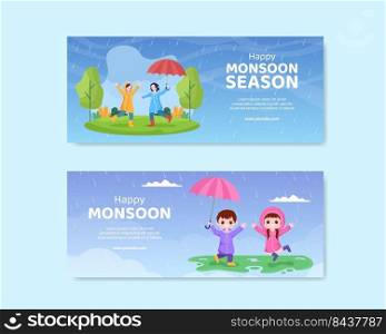 Monsoon Season Social Media Banner Template Flat Cartoon Background Vector Illustration