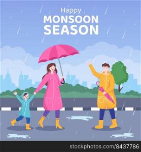 Monsoon Season Social Media Template Flat Cartoon Background Vector Illustration