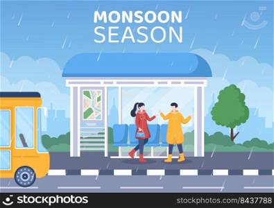 Monsoon Season Social Media Template Flat Cartoon Twitch Background Vector Illustration