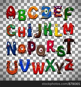 Monster alphabet, vector funny monster characters abc vector isolated on transparent background. Monster alphabet on transparent background
