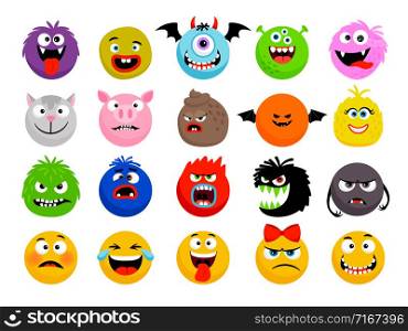 Monster and animal emoticons. Vector cartoon funny monsters, cute animals smileys faces, cartoon happy and scary expressions characters. Monster and animal emoticons