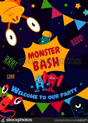 Monster bash party card. Invitation poster vector illustration templat banner. Monster bash. Party card. Invitation poster. Vector template.