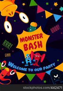 Monster bash party card. Invitation poster vector illustration templat banner. Monster bash. Party card. Invitation poster. Vector template.