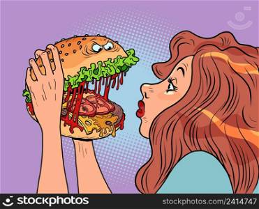 Monster burger character bites a woman in a restaurant, Fast food humor. Comic cartoon style drawing illustration. Monster burger character bites a woman in a restaurant, Fast food humor