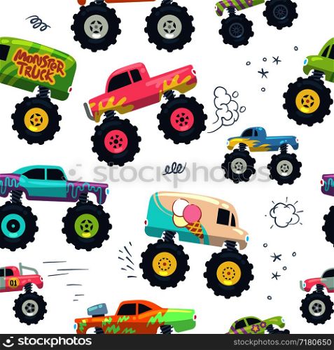 Monster cars seamless pattern. Kid trucks with big wheel. Vector endless background. Pattern and background seamless, monster car with large wheel illustration. Monster cars seamless pattern. Kid trucks with big wheel. Vector endless background