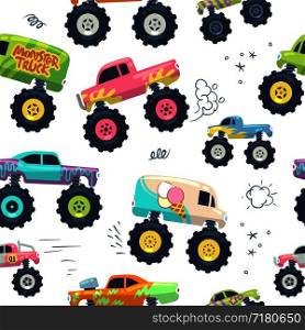 Monster cars seamless pattern. Kid trucks with big wheel. Vector endless background. Pattern and background seamless, monster car with large wheel illustration. Monster cars seamless pattern. Kid trucks with big wheel. Vector endless background