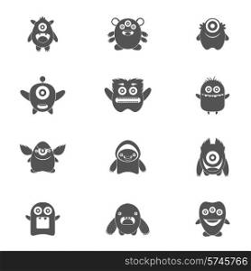 Monster characters group of mutant emoticons black icons set isolated vector illustration
