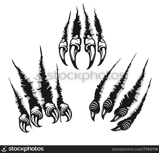Monster claw mark scratches of dragon with long nails. Vector fingers tear through paper or wall surface. Beast paw sherds, wild animal rips, four talons traces break isolated on white background. Monster claw marks, scratches with long nails.