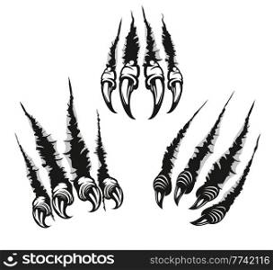 Monster claw mark scratches of dragon with long nails. Vector fingers tear through paper or wall surface. Beast paw sherds, wild animal rips, four talons traces break isolated on white background. Monster claw marks, scratches with long nails.