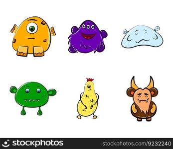 Monster creature vector cartoon characters set isolated on white colorful icons mutant mascot