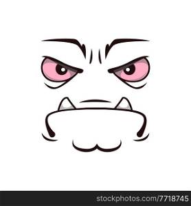 Monster face cartoon vector icon, grumpy creature, sad emotion with frowned eyes and mouth with protrude fangs. Halloween ghost, alien or spooky emoji isolated on white background. Monster face cartoon vector icon, grumpy creature