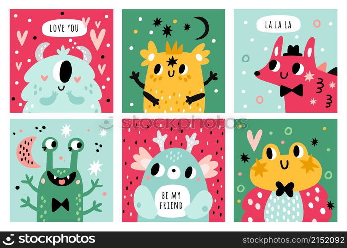 Monster faces cards. Childish cute creatures, imaginary funny characters, little comic animals with horns and teeth, baby humor. Happy alien mascots and avatars vector cartoon flat style isolated set. Monster faces cards. Childish cute creatures, imaginary funny characters, little comic animals with horns and teeth, baby humor. Happy alien mascots vector cartoon flat isolated set