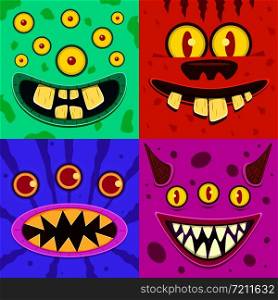 Monster faces. Cute horned crazy goblin and slimy gremlin, scary aliens. Halloween funny trolls, zombie head cartoon vector comic expression smile characters. Monster faces. Cute horned crazy goblin and slimy gremlin, scary aliens. Halloween funny trolls, zombie head cartoon vector characters