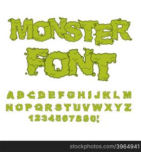Monster font. Horrible Alphabet letters of green. Sweet Frightening ABC of terrible letters. disgusting being&#xA;