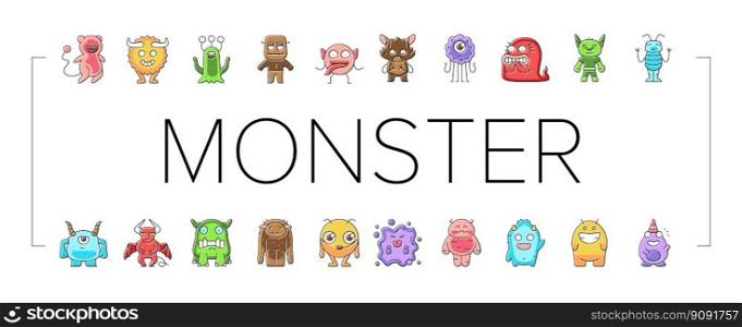 monster funny cute alien icons set vector. animal halloween, happy face, comic creature, devil scary, mouth mascot little teeth monster funny cute alien color line illustrations. monster funny cute alien icons set vector