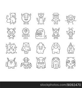 monster funny cute alien icons set vector. animal halloween, happy face, comic creature, devil scary, mouth mascot little teeth monster funny cute alien black contour illustrations. monster funny cute alien icons set vector