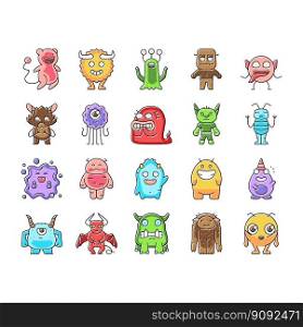 monster funny cute alien icons set vector. animal halloween, happy face, comic creature, devil scary, mouth mascot little teeth monster funny cute alien color line illustrations. monster funny cute alien icons set vector