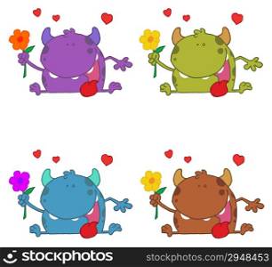 Monster Holding A Flower Under Hearts Collection