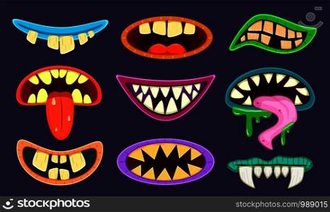 Monster mouth. Cute scary goblin, gremlin and aliens mouths with tongue and teeth. Halloween trolls caricature cartoon vector cool creature set. Monster mouth. Cute scary goblin, gremlin and aliens mouths with tongue and teeth. Halloween trolls caricature cartoon vector set