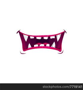 Monster mouth smile, vector vampire jaws with sharp fangs. Cartoon scary maw with long pointed teeth, laughing alien or beast isolated on white background. Monster mouth smile vector vampire jaws with fangs