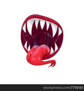 Monster mouth vector icon, creepy jaws with forked long tongue and sharp teeth, Halloween creature, alien or devil roar slobbering maw isolated on white background. Monster mouth icon, creepy jaws with forked tongue