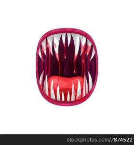Monster mouth vector icon, creepy yelling alien beast jaws with sharp teeth and long tongue with dripping bloody saliva. Angry creature yell isolated on white background. Angry creature yell, monster mouth vector icon