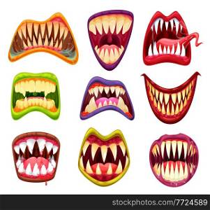 Monster mouths and jaws, cartoon teeth and tongues, vector scary Halloween faces. Monster funny and horror smile masks with vampire teeth and beast jaws, devil or joker and scary clown grim smile. Monster mouth with teeth, cartoon jaws and tongues