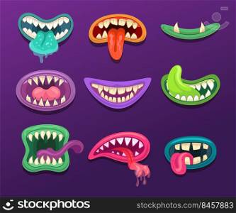 Monster mouths illustrations set in cartoon style. Cute creature mouths with tongue and teeth and dripping saliva. Halloween caricature monster collection in bright colors for poster, banner designs