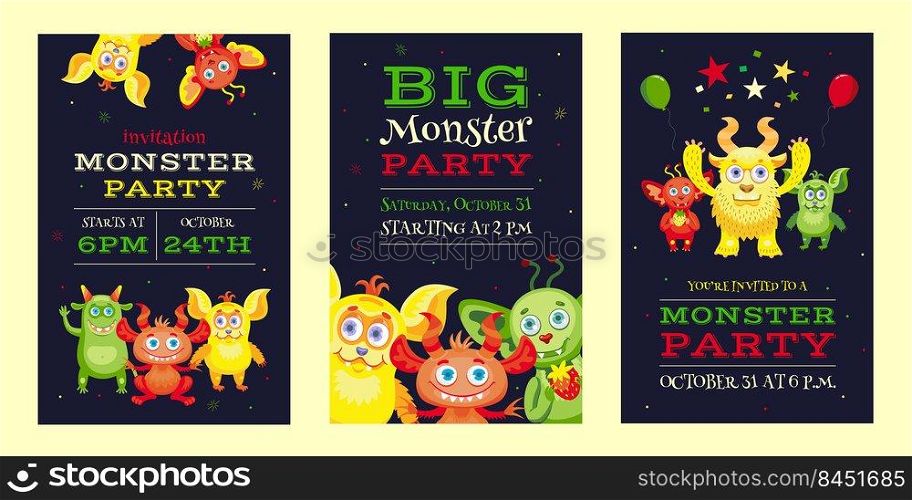 Monster party invitation designs with funny beasts and mascots. Bright colorful invitations for children. Celebration and Halloween party concept. Template for leaflet, banner or flyer