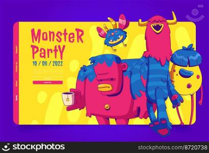 Monster party landing page template. Funny contemporary illustration of zombie, alien, supernatural characters standing, flying on yellow background. Halloween celebration promo website. Vector design. Monster party contemporary landing page template