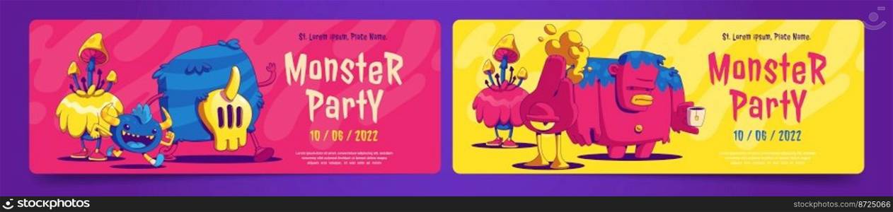 Monster party posters with cute alien creatures in contemporary art style. Vector invitation flyers to kids event or holiday celebration with funny comic monsters, whimsical characters. Monster party posters with cute alien creatures