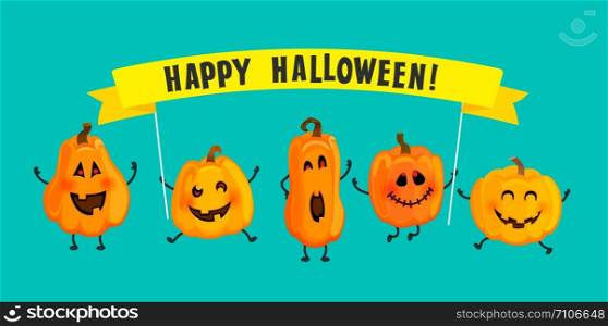 Monster pumpkins with Halloween banner. Cute characters invite you to celebrate holiday with them. Vegetables in different poses, template for your design,poster, greeting card. Vector illustration.. Monster pumpkins with Halloween banner.