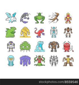 Monster Scary Fantasy Characters Icons Set Vector. Flying And Jumping Monster, Fast Running And Floating, Insect And Robot, Alien And Poisonous. Fire And Sand Mystery Mutant Color Illustrations. Monster Scary Fantasy Characters Icons Set Vector