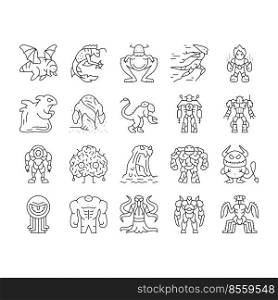 Monster Scary Fantasy Characters Icons Set Vector. Flying And Jumping Monster, Fast Running And Floating, Insect And Robot, Alien And Poisonous. Fire And Sand Mystery Mutant Black Contour Illustration. Monster Scary Fantasy Characters Icons Set Vector