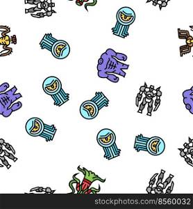 Monster Scary Fantasy Characters Vector Seamless Pattern Thin Line Illustration. Monster Scary Fantasy Characters vector seamless pattern