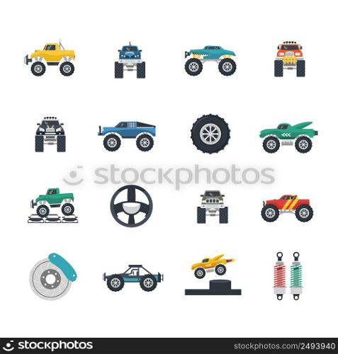 Monster truck and heavy vehicles flat icons set isolated vector illustration. Monster Truck Icons Set