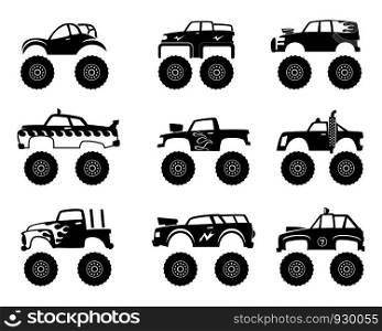 Monster truck automobile. Big tires and wheels off road cartoon car toy for kids vector monochrome black illustrations isolated. Monster automobile truck collection. Monster truck automobile. Big tires and wheels off road cartoon car toy for kids vector monochrome black illustrations isolated