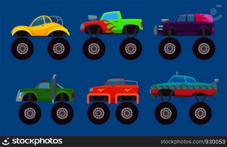 Monster truck cars. Automobiles with big wheels creature auto toy for kids vector pictures isolated. Illustration of 4x4 truck car, model toy motor. Monster truck cars. Automobiles with big wheels creature auto toy for kids vector pictures isolated