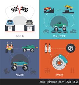 Monster truck design concept set with racing challenge flat icons isolated vector illustration. Monster Truck Set