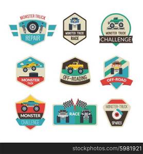 Monster truck emblems set with high power vehicles isolated vector illustration. Monster Truck Emblems