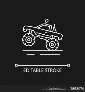 Monster truck racing white linear icon for dark theme. Pickup with oversized tires. Motor sport. Thin line customizable illustration. Isolated vector contour symbol for night mode. Editable stroke. Monster truck racing white linear icon for dark theme