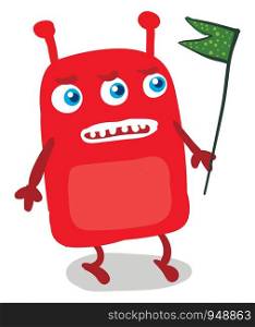 Monster with three blue eyes with a green flag in its hand, vector, color drawing or illustration.